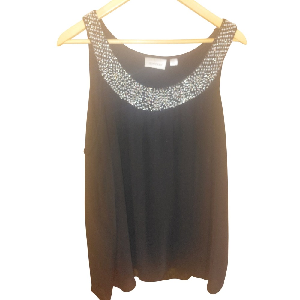 Avenue Womens Plus Size 18/20 Black Beaded Sequin Scoop Neck Sleeveless Blouse